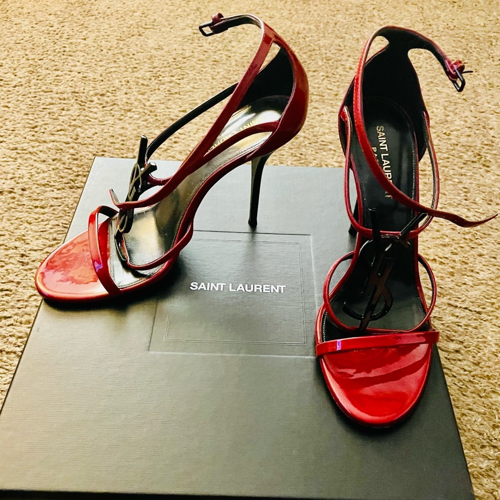 Yves Saint Laurent Red Patent Leather Strappy Heels - Picture 13 of 16